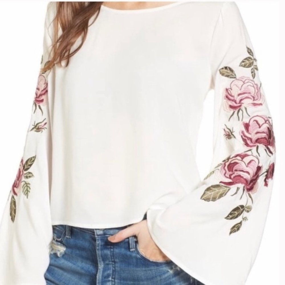 White long-sleeve Cupcakes and Cashmere Top with Rose-Embroidered Sleeves